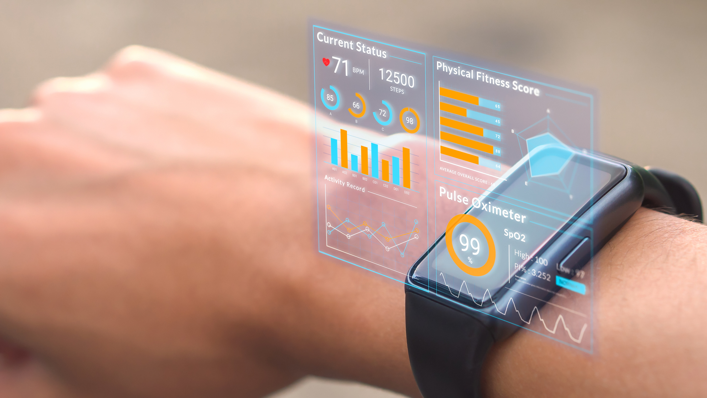 Futuristic hologram infographic display on smartwatch